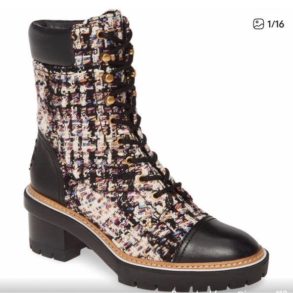 Tory Burch Miller Tweed Lug Boots Black Cap Toe Leather LaceUp Block Heel Sz 9